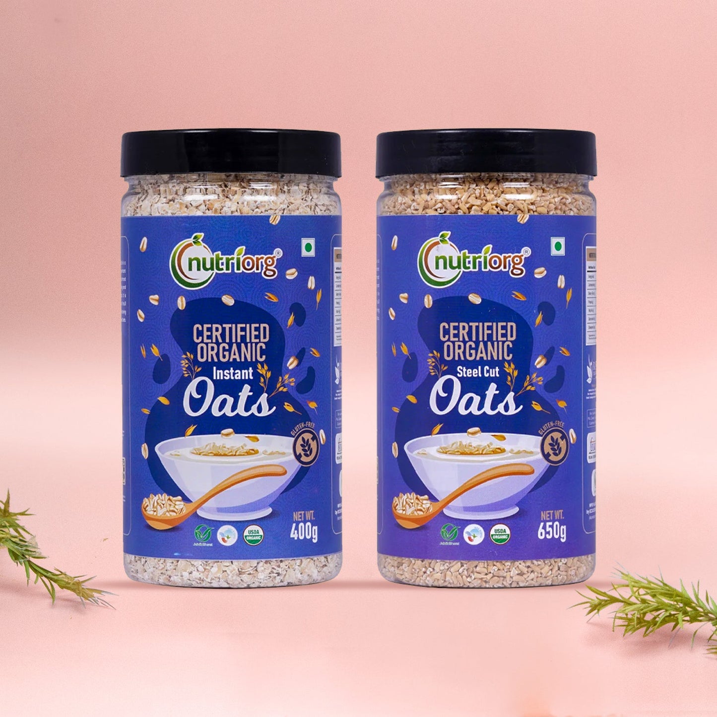 Nutriorg Organic Instant Oats 400g with Organic Steelcut Oats 650g (Combo of 2)
