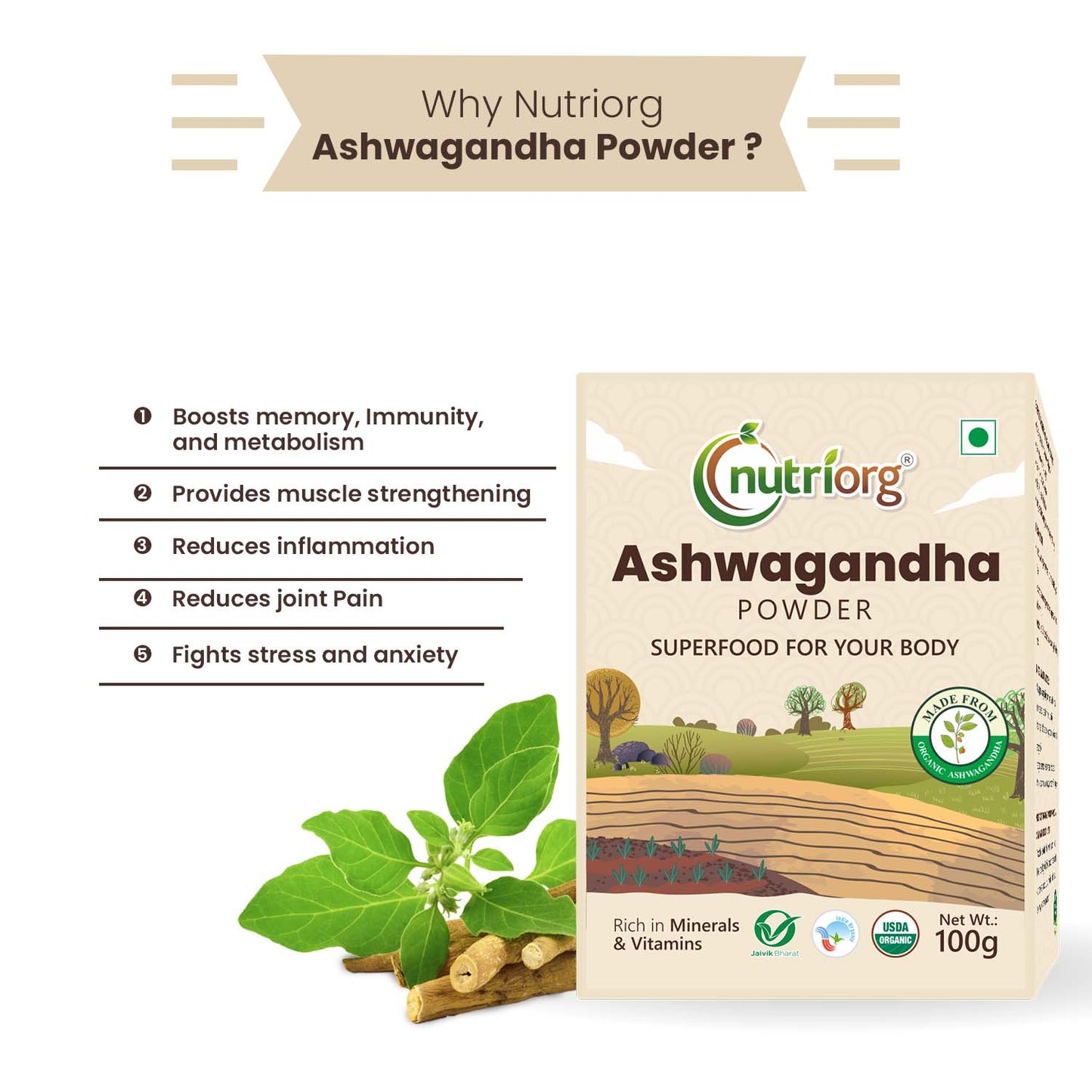 Nutriorg Certified Organic Ashwagandha Root Powder 100g