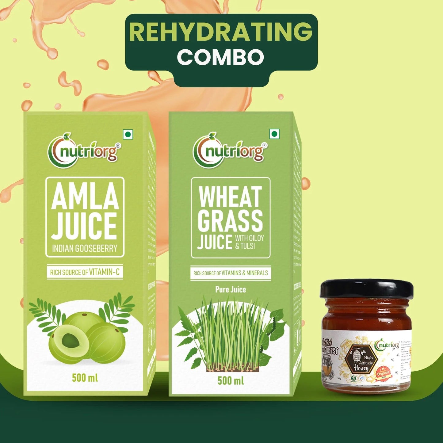 Rehydrating Combo (Amla Juice 500ml, Wheatgrass Juice 500ml, Free Honey 50g)