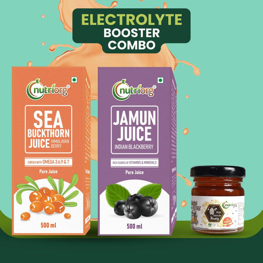 Electrolyte Booster Combo (Seabuckthorn Juice 500ml, Jamun Juice 500ml, Free Honey 50g)