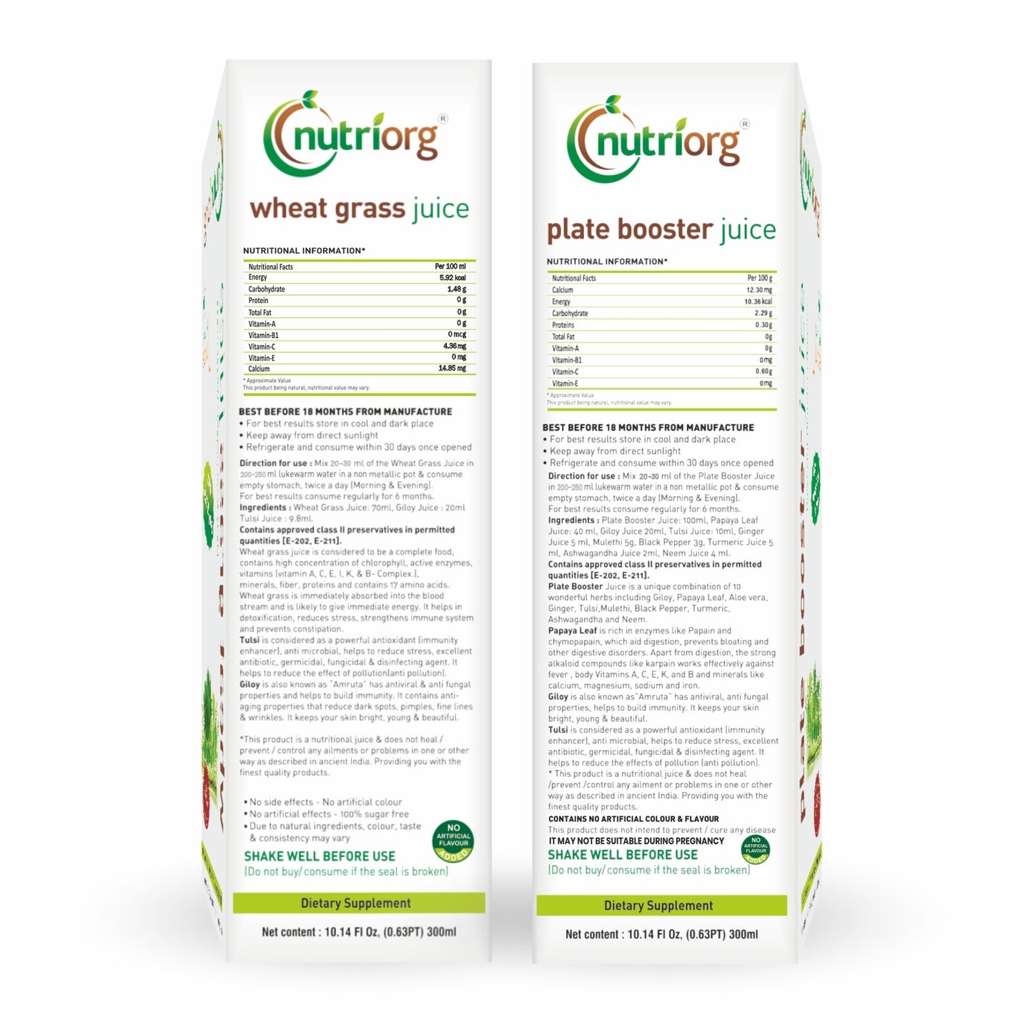 Nutriorg Wheatgrass & Platebooster Juice 600ml (Pack of 2*300ml)