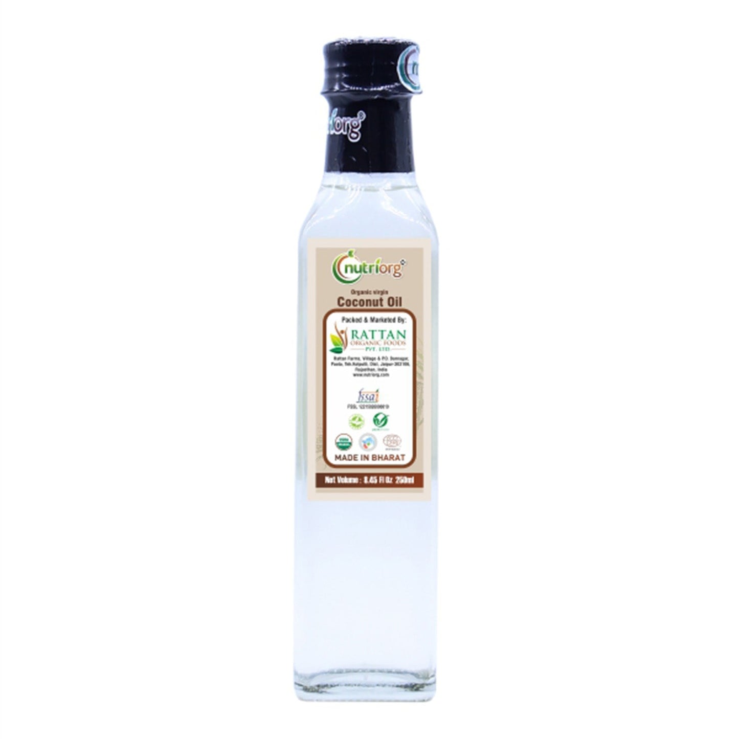 Nutriorg Certified Organic Virgin Coconut Oil 250 ml | Wooden Cold-Pressed Oil