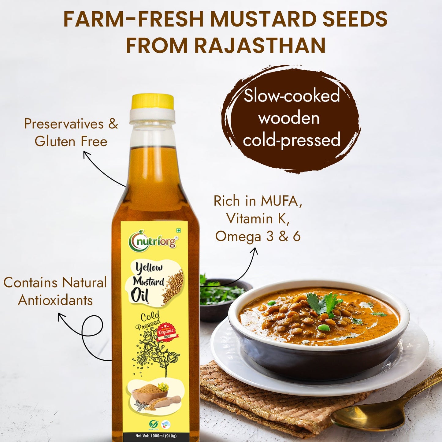 Nutriorg Certified Organic Yellow Mustard Oil 500ml | Wooden Cold-Pressed Oil