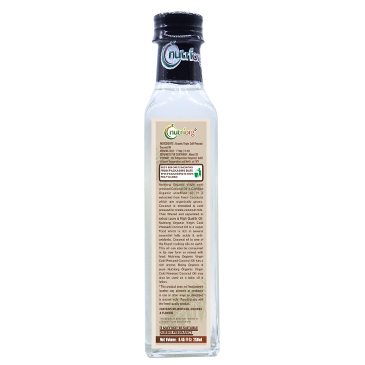 Nutriorg Certified Organic Virgin Coconut Oil 250 ml | Wooden Cold-Pressed Oil