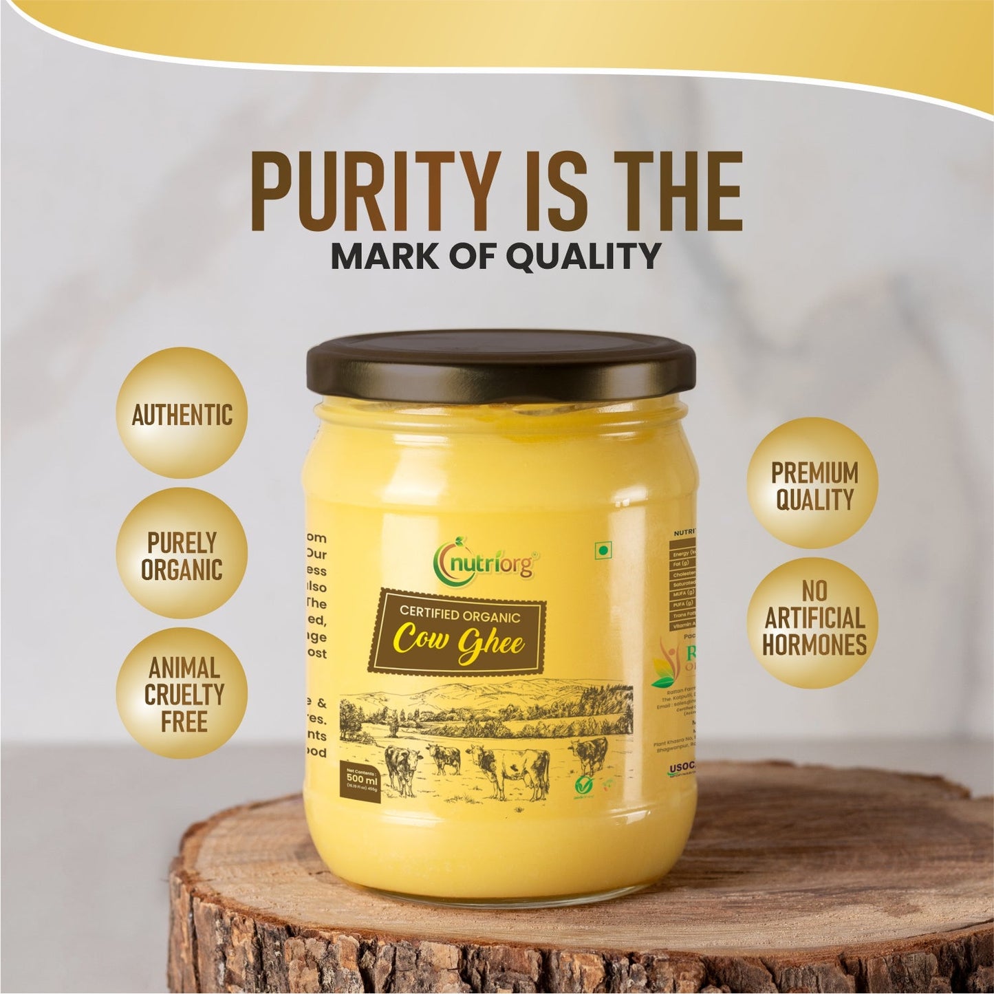 Nutriorg Certified Organic Cow Ghee 1000 ml (Pack of 2 * 500ml)