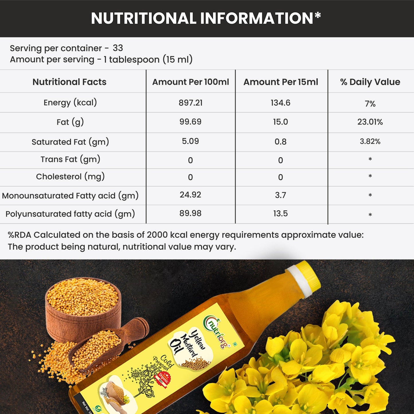 Nutriorg Certified Organic Yellow Mustard Oil 500ml | Wooden Cold-Pressed Oil