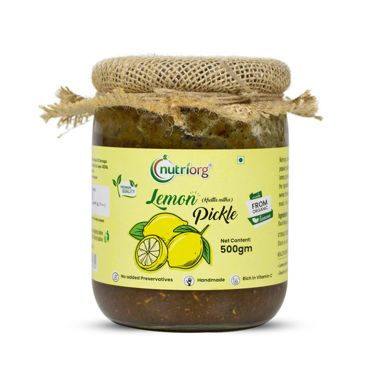 Nutriorg Lemon Pickle - Khattha Mittha 500gm