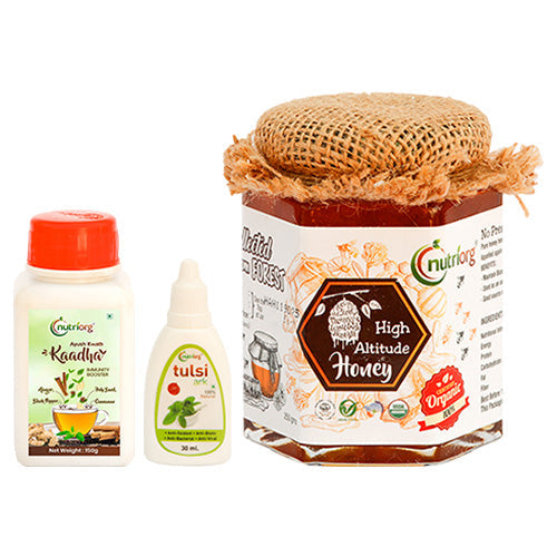 Nutriorg Tulsi Ark 30ml with Certified High Altitude Honey 250g, Ayush Kawth Kaadha150g