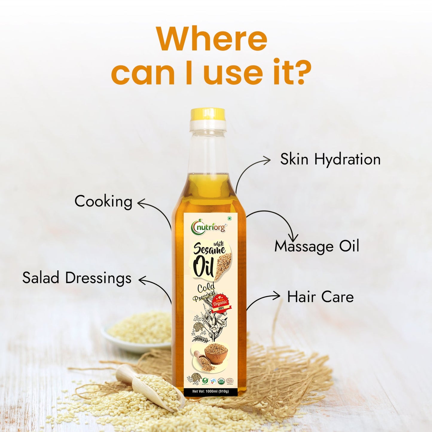 Nutriorg Certified Organic White Sesame Oil | Wooden Cold-Pressed Oil