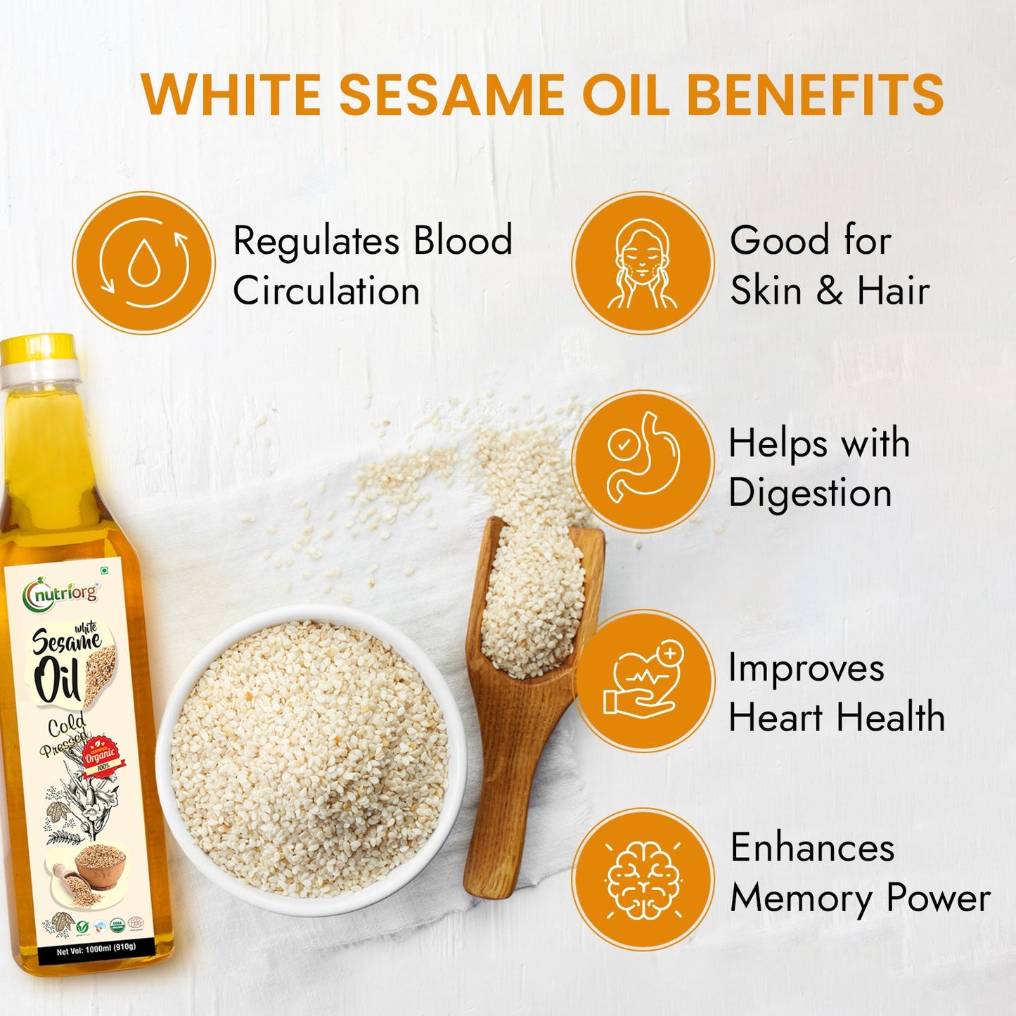 Nutriorg Certified Organic White Sesame Oil | Wooden Cold-Pressed Oil