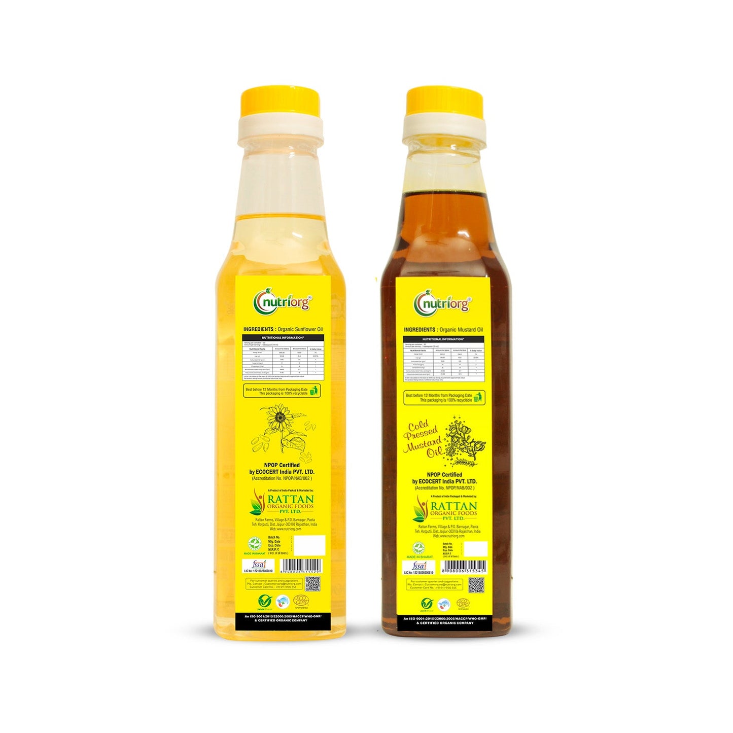 Nutriorg Cold Pressed Organic Mustard & Sunflower Oil 1000ml (Pack of 2*500ml)