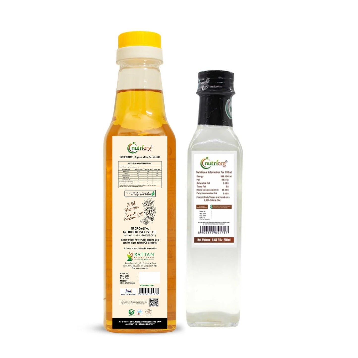 Nutriorg Certified Organic Extra Virgin Coconut Oil 250 ml & White Sesame Oil 500ml (Combo 2)